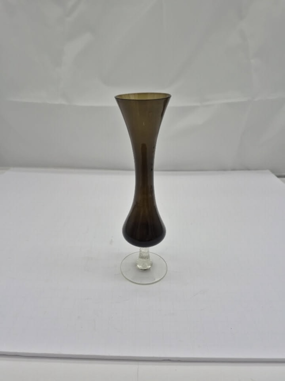 Vintage MCM swirl olive Green Glass Bud Vase W Pedestal Base Retro Groovy Boho